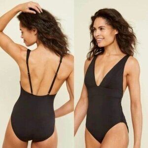 NWT Andie The Sardinia One Piece Swimsuit XL Black Vneck Flat UPF 50